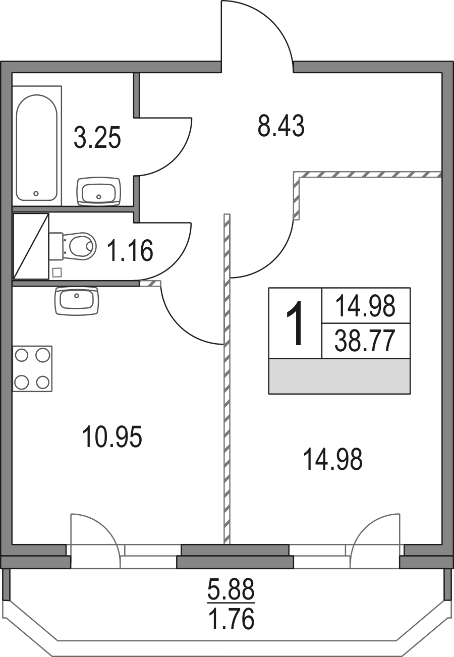 1-комнатная квартира 38.77 м², 2/16 эт., ЖК «Приморский квартал»